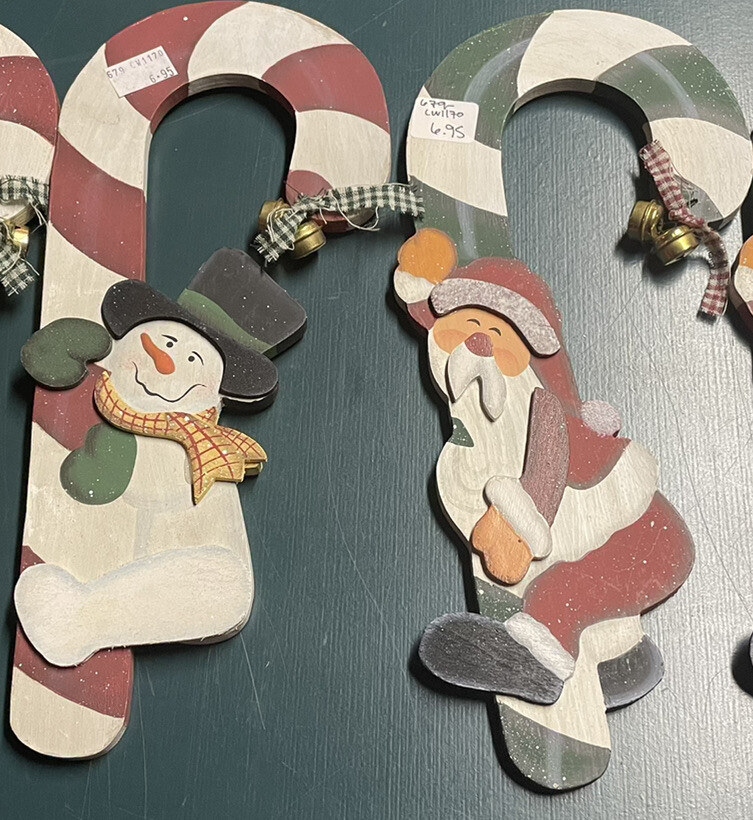 2 Vintage Holiday Signs - Candy Cane Santa & Snowman with Jingle Bell
