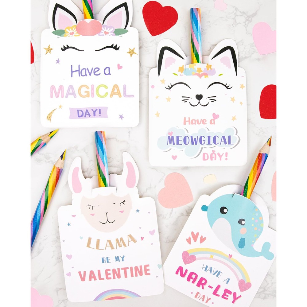 Valentines Day Cards for Kids with Rainbow Pencils - 24 Unicorn Themed Designs
