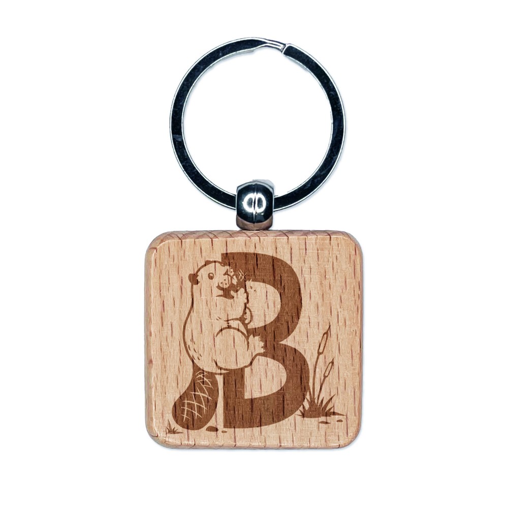 Animal Alphabet Letter B for Beaver Engraved Wood Square Keychain Tag Charm