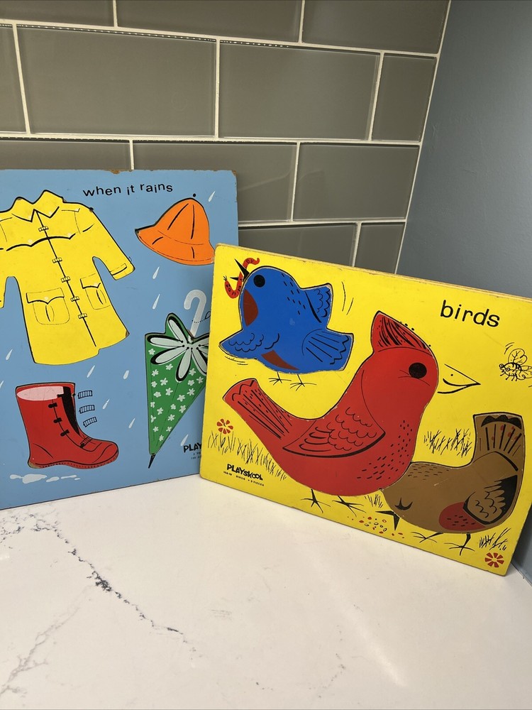 Vintage Playskool Wooden Puzzle Playschool Lot Of 2 When It Rains & BirdsUsed