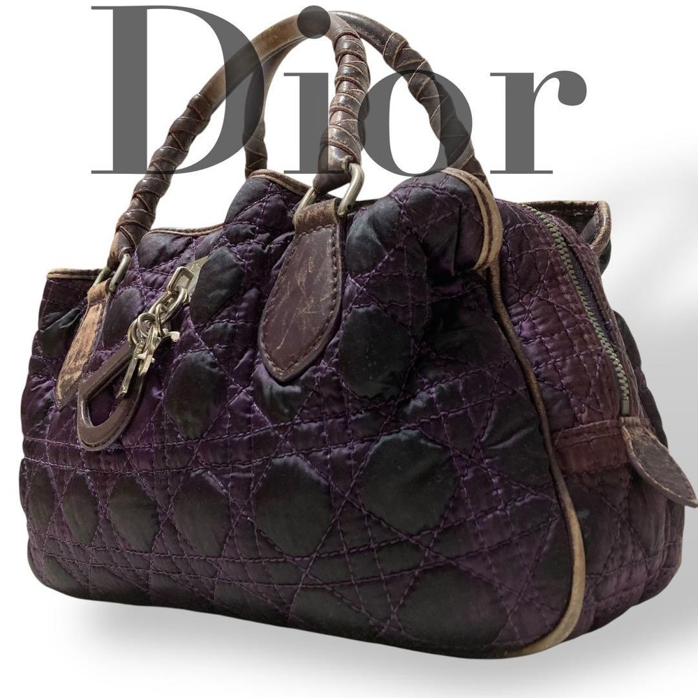 Dior Vintage Cannage Tote Bag in Purple Nylon with Leather Trim Pre-Owned