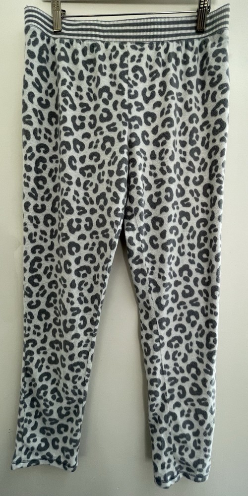 Women's Gray Leopard Print Cozy Fleece Elastic Waist Pull On PJ Pants White M