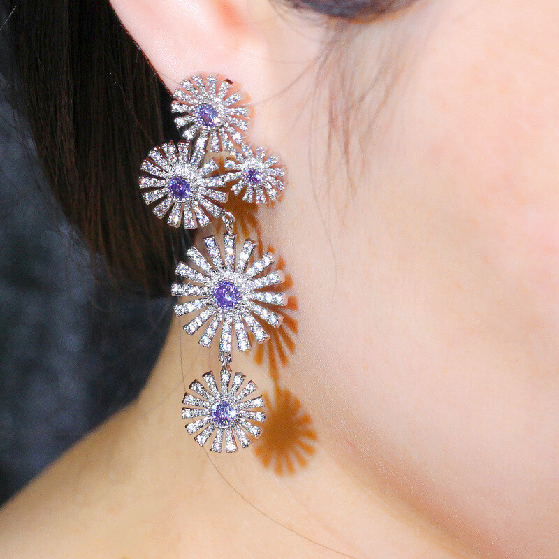 Shining Silver Plated Cubic Zirconia Purple Flower Long Chandelier Drop Earrings