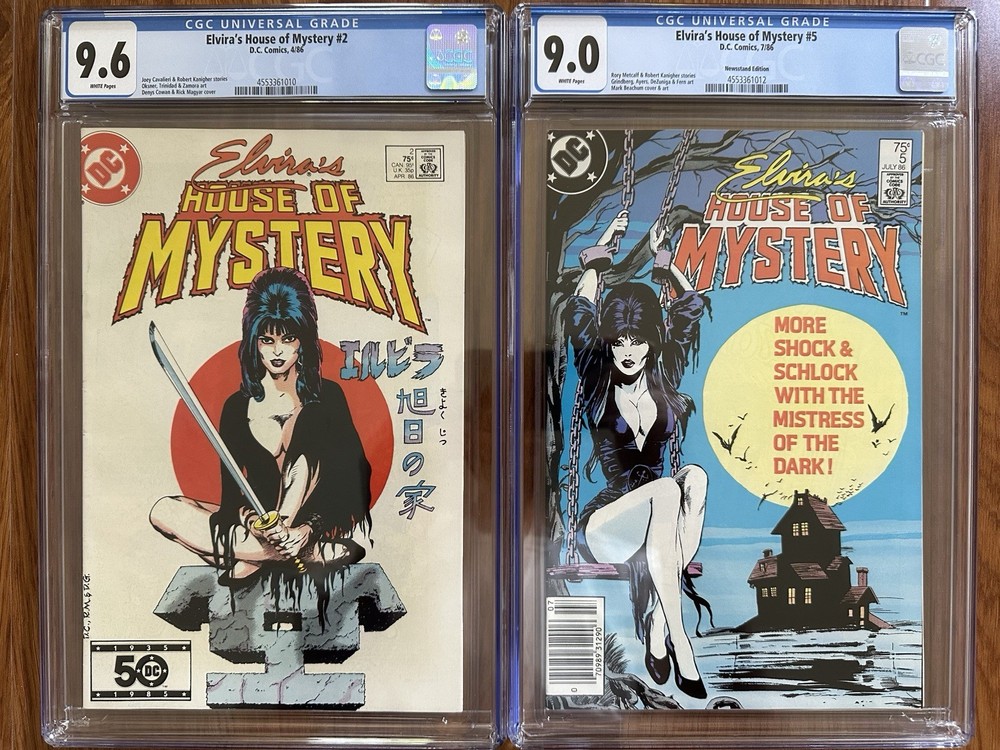 Elvira’s House Of Mystery #2 & #5 (1986) CGC 9.6 & 9.0 Newsstand / Bondage Cover