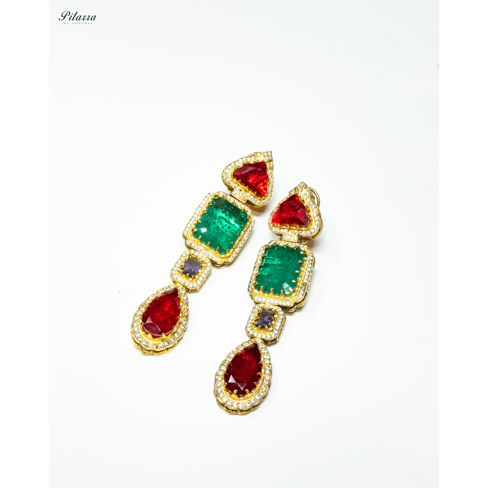 Emerald Red Stone Long Double Drop Dangle Earrings