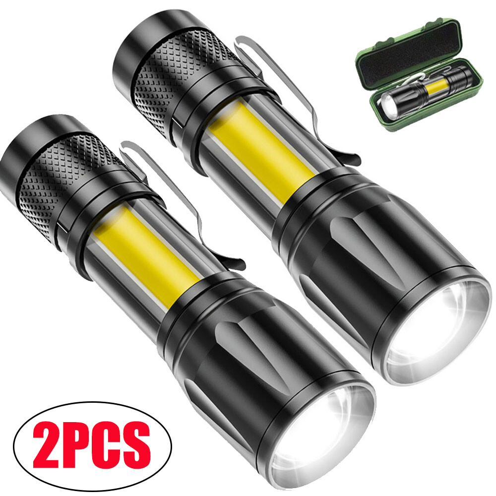 2X LED Flashlight Zoomable Camping Hiking Torch USB Rechargeable COB Work Lamp