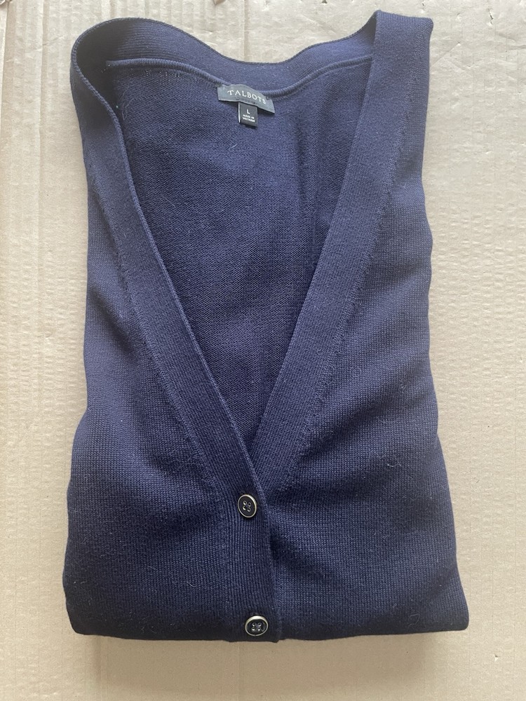 Talbots L Navy Blue Cotton Blend Knit V-Neck Button-Front Cardigan Sweater