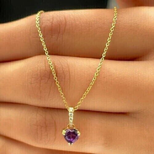 Solitaire Pendant 1Ct Heart Cut Simulated Purple Amethyst 14K Yellow Gold Plated