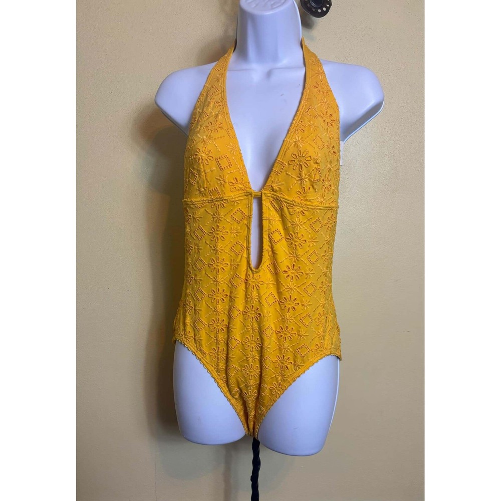 Kate Spade One Piece Swimsuit Size Med Yellow Embroidered Halter Eyelet Plunge