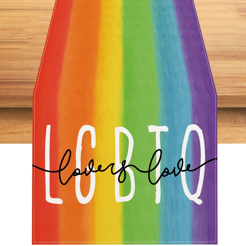 Linen Pride Table Runner Rainbow Tablecloth Pride Day Rainbow Stripe LGBT Lov...-image