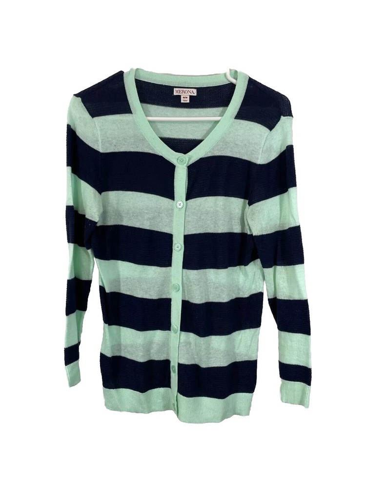Women's Green & Blue Striped Long Sleeve Cardigan Size M  