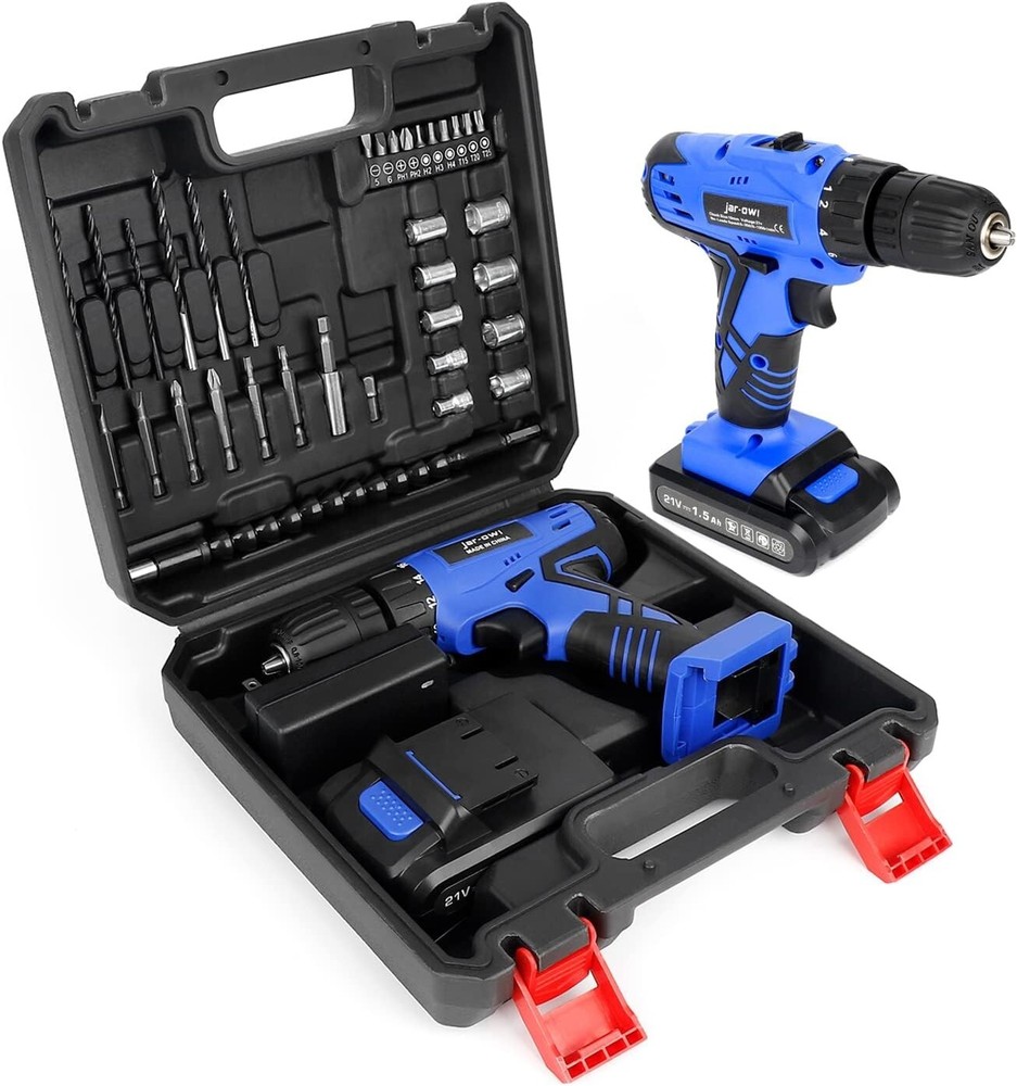 Ergonomic 21V Power Drill Kit with 37 Bit Accessory Set & Portable Carry Case