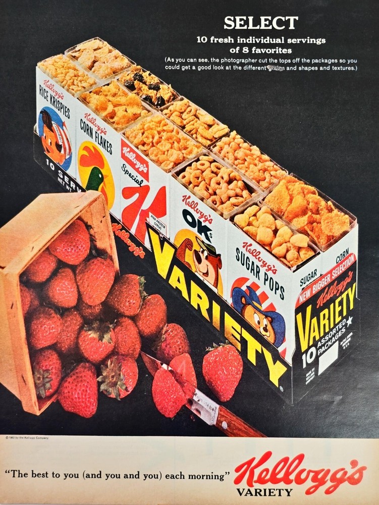 Kellogg's Cereal Variety Pack Sugar Pops OKs 1963 Vintage Color Print Ad 10x13