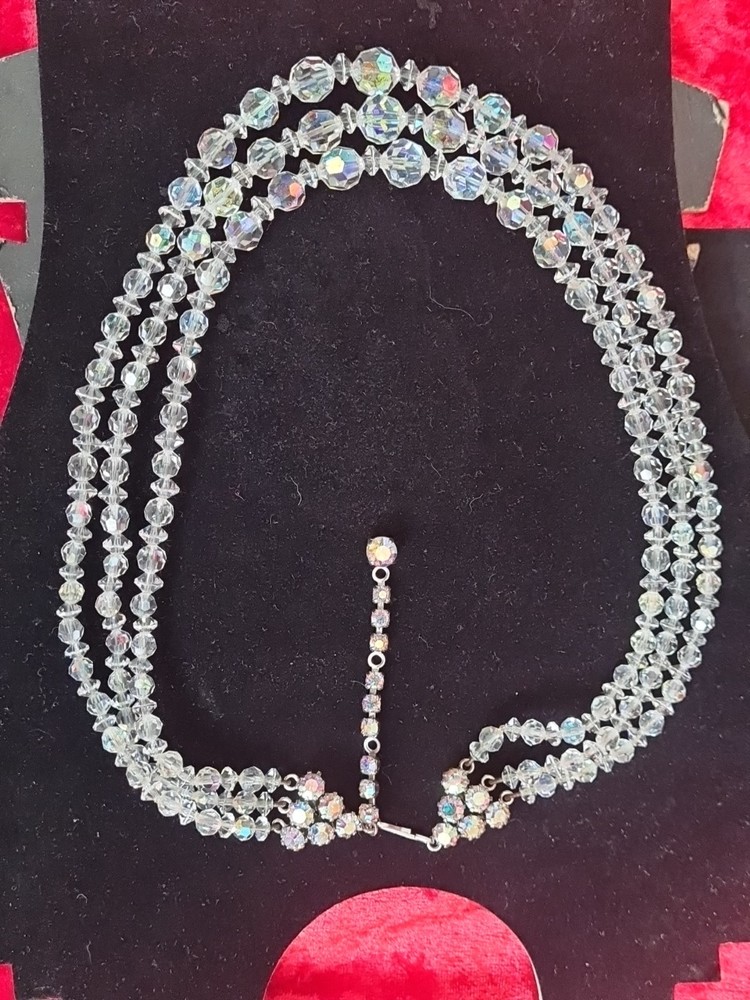 Iridescent Glass Bead Triple Strand Necklace with Sparkling Diamante Clasp