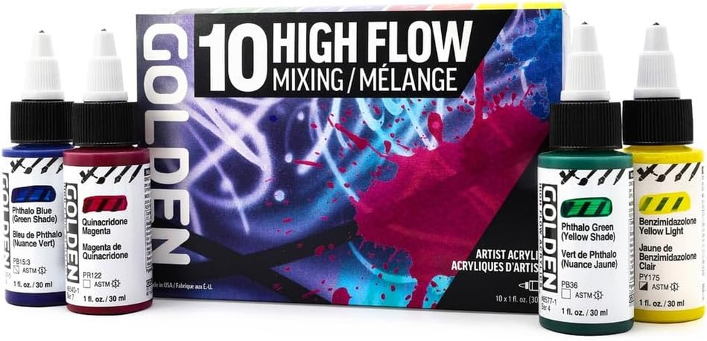 High Flow Acrylics by GOLDEN, High Flow Mixing Set, 10 Colors, Professional Acry