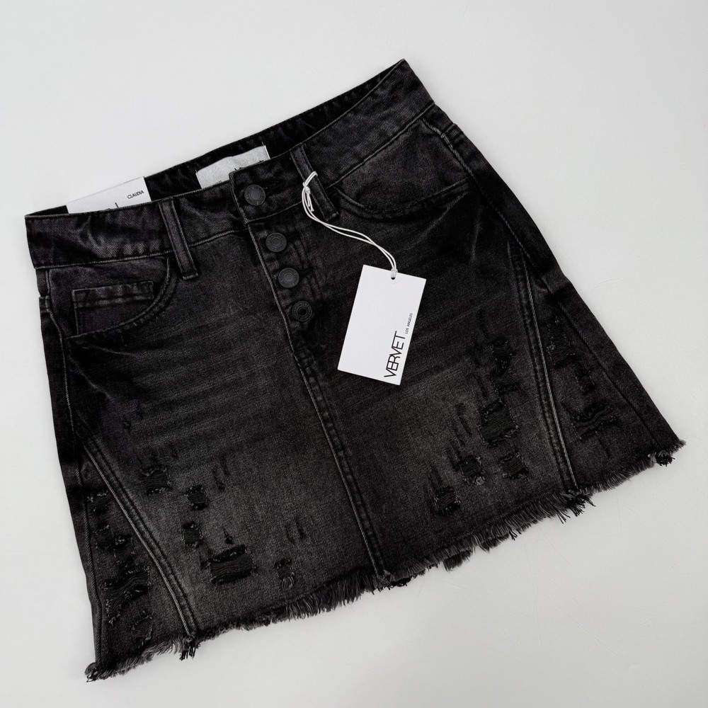 Vervet Claudia Distressed Raw Denim Mini Skirt Women's Size XS Black NEW