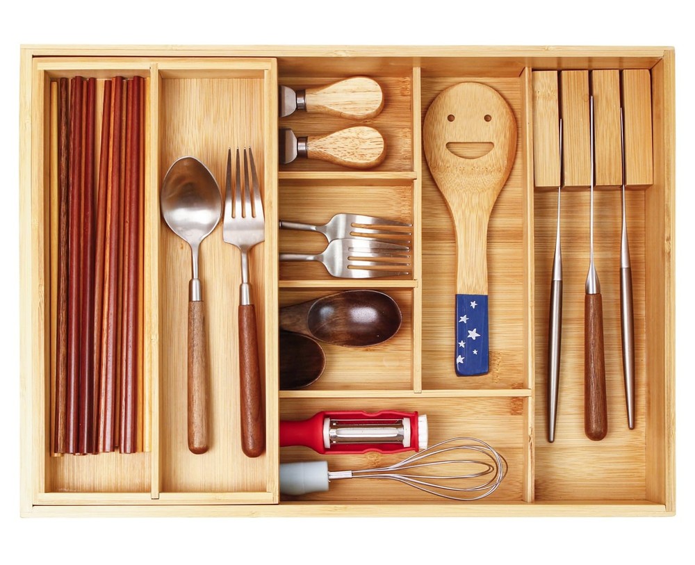 Double Layer Bamboo Silverware Drawer Organizer for Kitchen Utensils-image