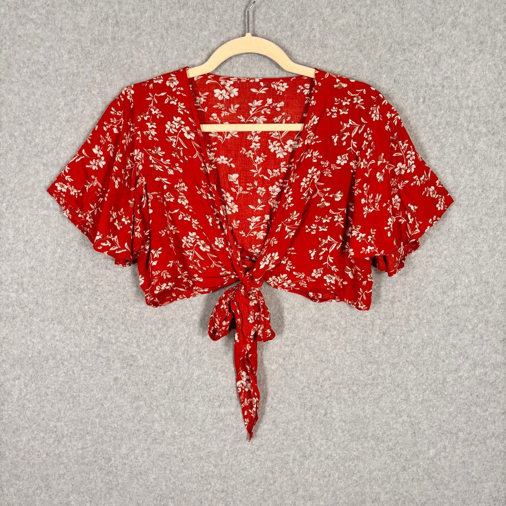 Crop Top Medium Orange Red Tie Front Flutter Festival Cottage Feminine Boho