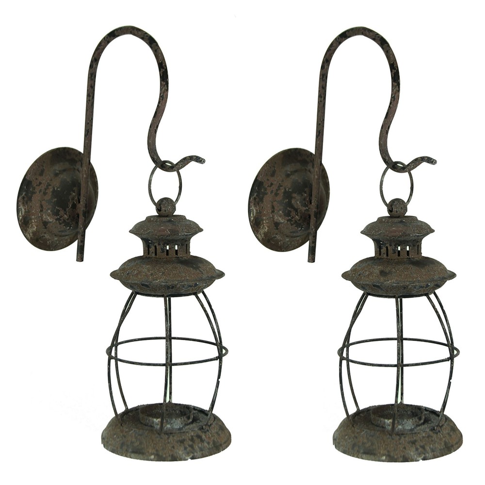 Zeckos Set of 2 Distressed Black Wall-Mounted Metal Candle Sconces Lanterns