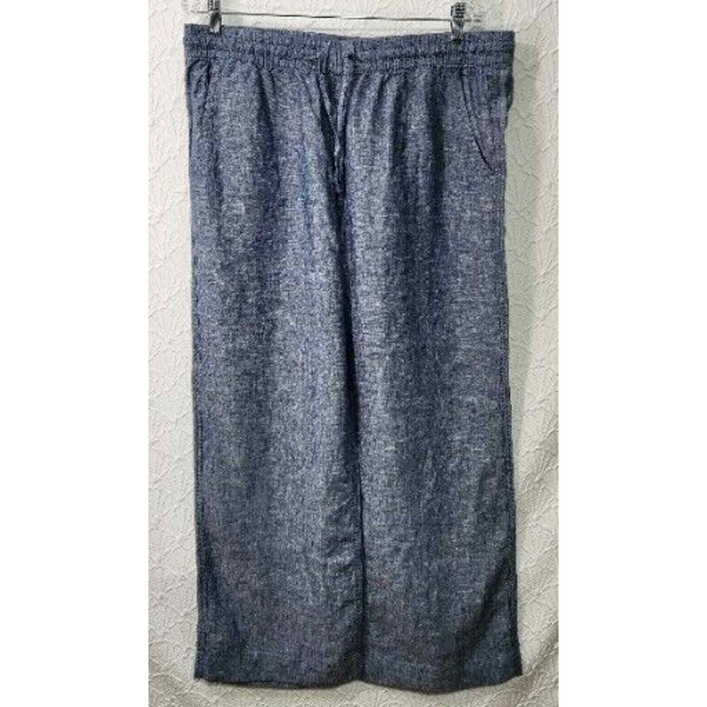 LL Bean Women's Linen Size 14 Regular Drawstring Blue Pants Trouser W/pockets