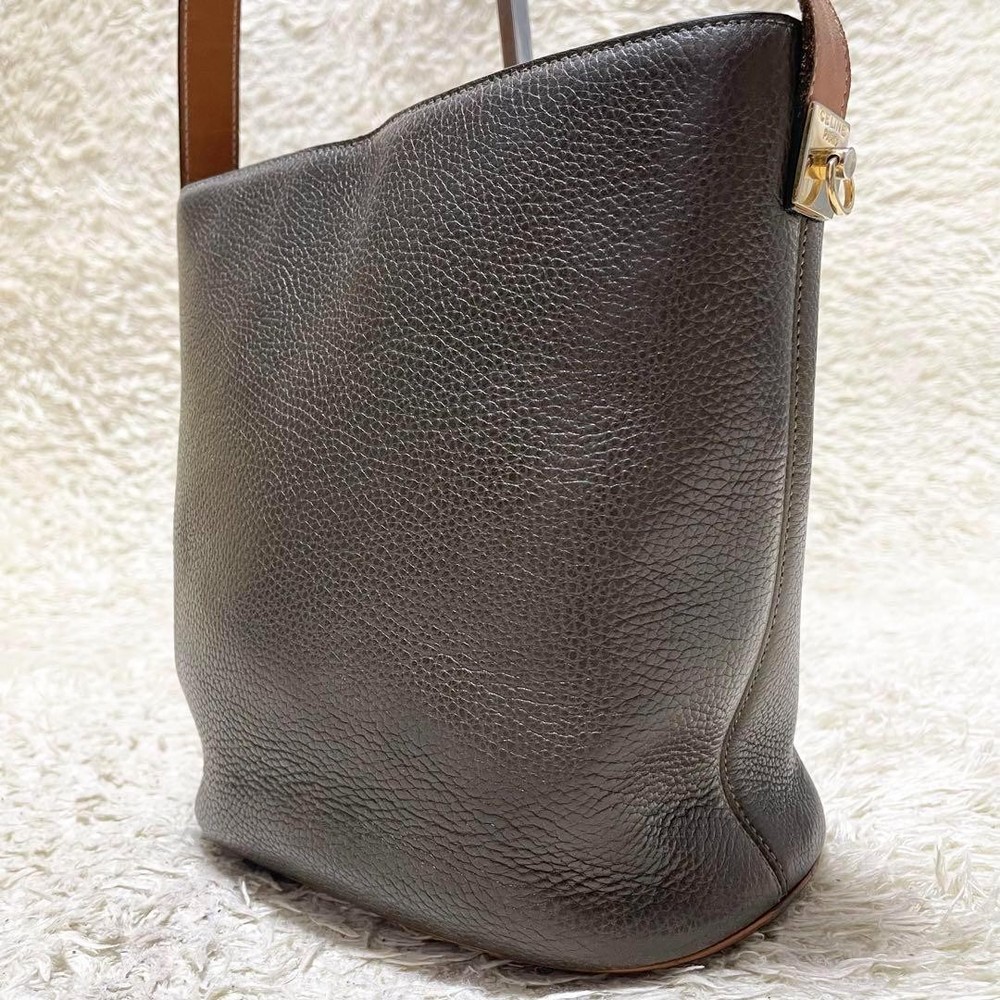 Vintage CELINE Dark Green Grain Leather Shoulder Bag with Gold Hardware