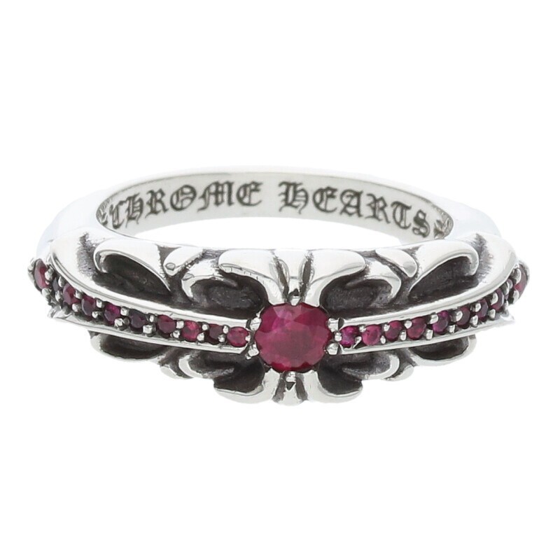 Chrome Hearts Baby Classic Floral Cross PAVE Ruby Silver Ring #1004