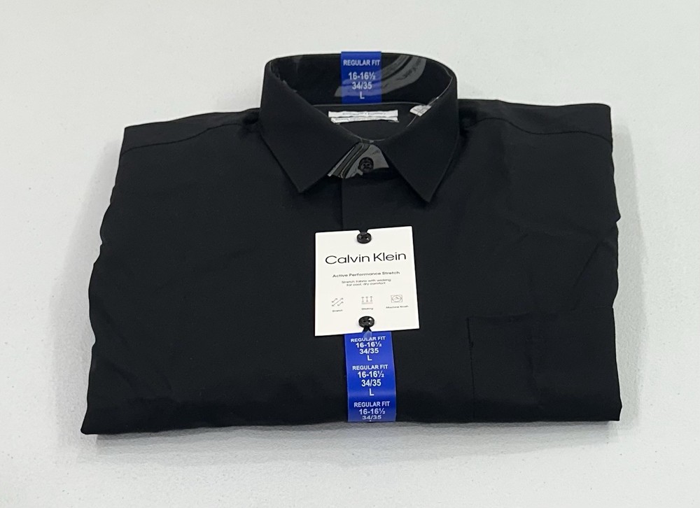 Calvin Klein Men's Active Performance Stretch Shirt, Black, L (16-16.5, 34/35)