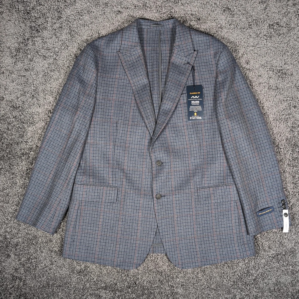 Stafford 100% Wool Sport Coat Men's 46 Reg Gray Gun Club Check Lined Jacket NWT