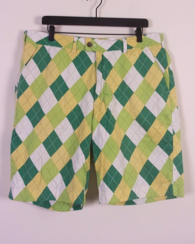 EUC Loudmouth Men's Loud Green/Yellow/White Argyle Golf Shorts Stretch SZ 38