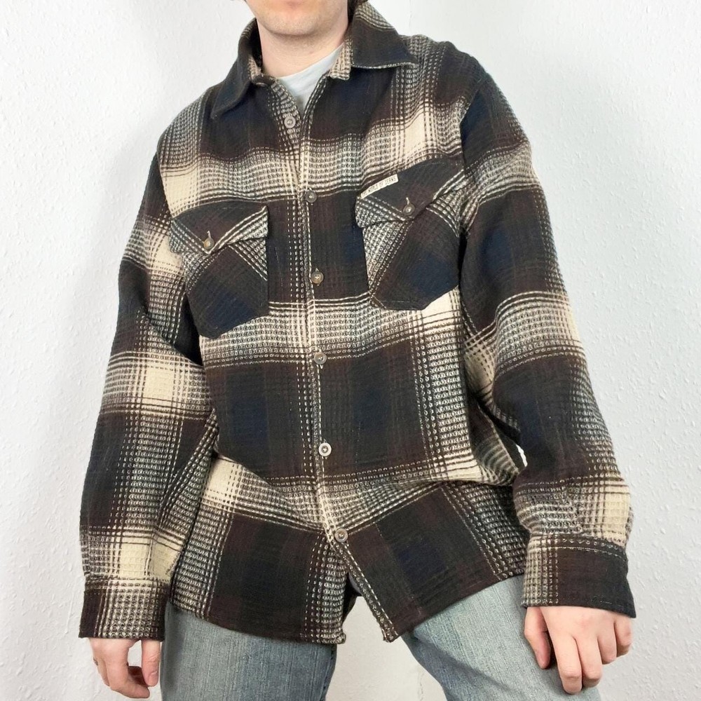 Vintage Chunky Knit Flannel Shirt Overshirt Plaid Check Tartan Grunge Wool 90s