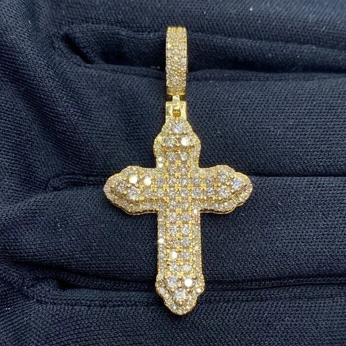 2Ct Round Cut Real Moissanite Cross Men's Charm Pendant 14K Yellow Gold Plated