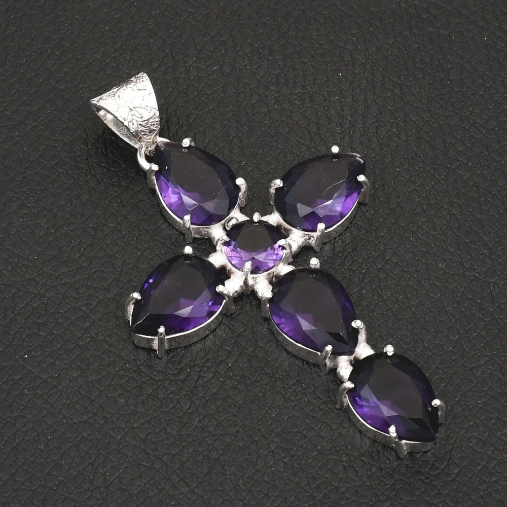 Amethyst Gemstone Handmade Cross Pendant Necklace for Women 2.6 Inches AP-30722