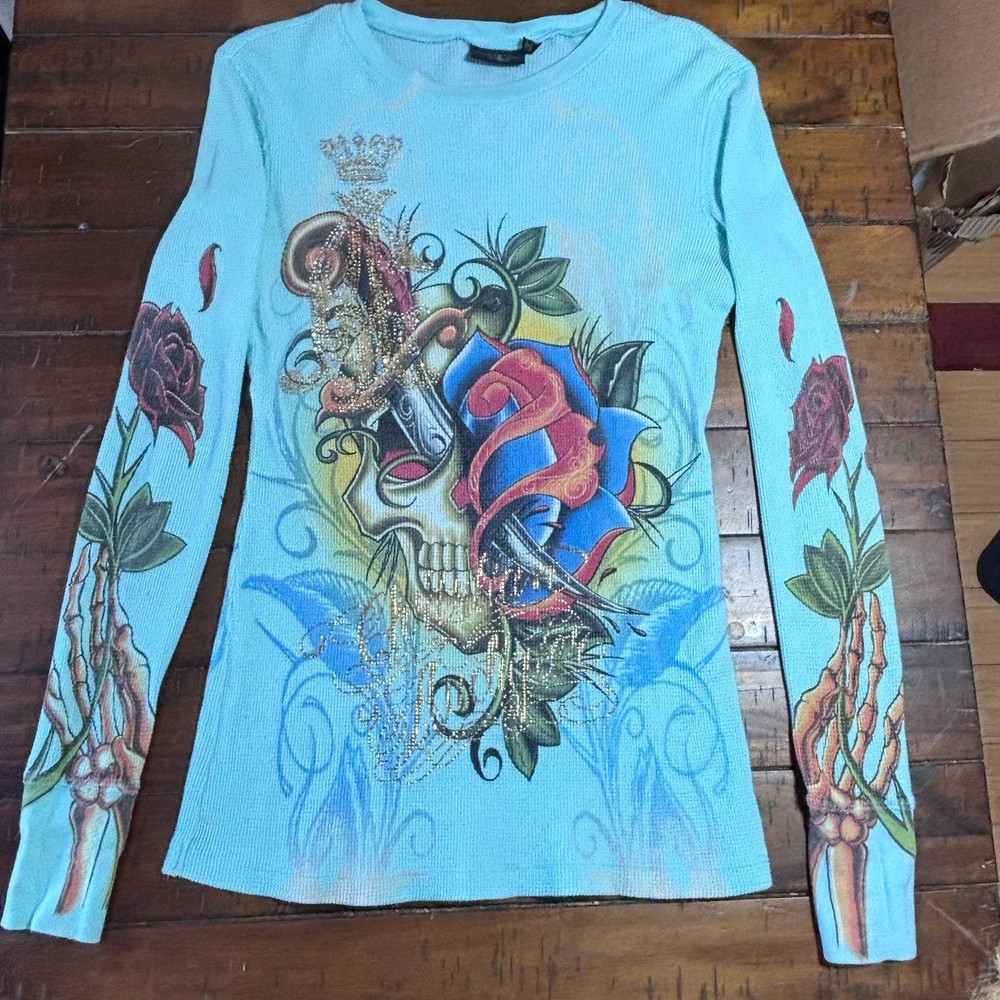 Y2K  Vintage Christian Audigier Skull Rose Top Small Ed Hardy Tattoo Long Sleeve