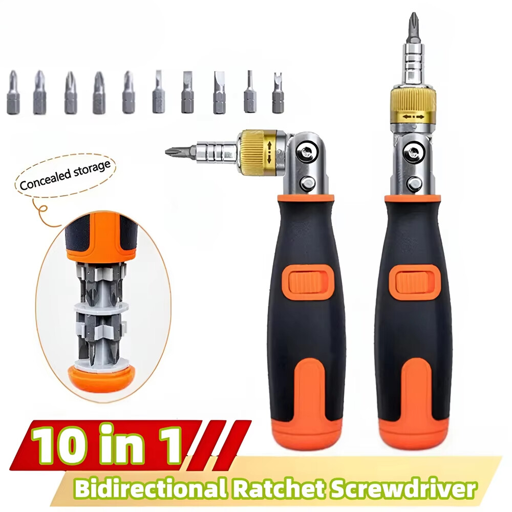 10-in-1 Multi-Angle Ratchet Screwdriver with Adjustable Head and Hidden Bits