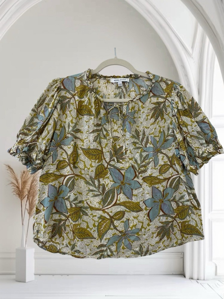 Rose + Olive Womens Floral Puff Sleeve Tie Neck Top Size Large Boho Chic