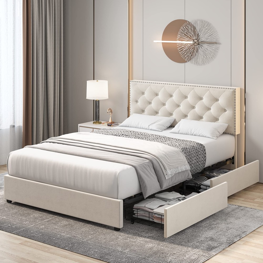 Queen Size Upholstered Platform Bed Frame with 4 Storage Drawers