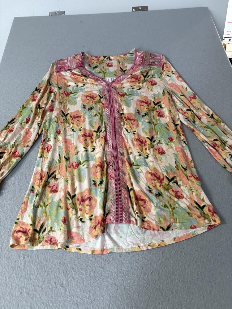Soft Surroundings Shirt Womens Medium Floral Long Sleeve Embroidered Boho Tunic