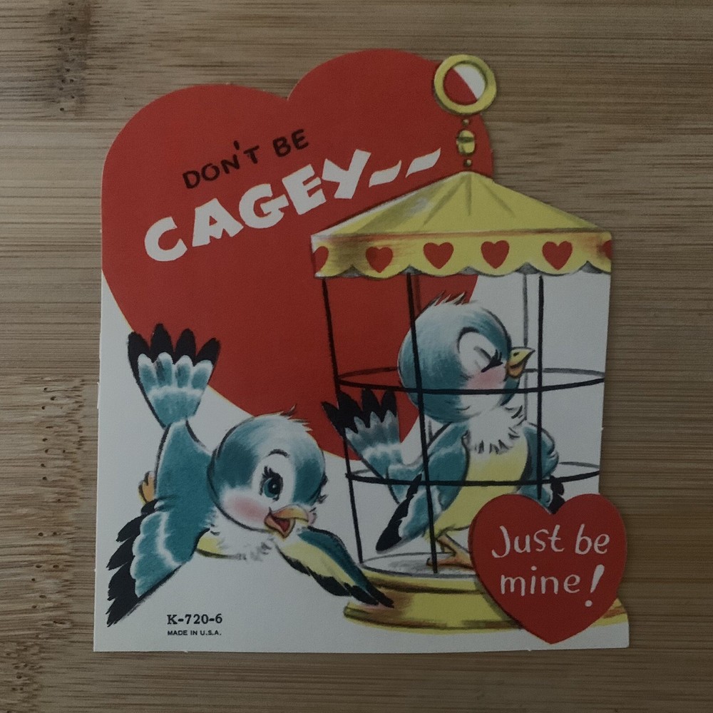 Vintage Valentines Card Pair Of Love Birds “Don’t Be Cagey” Die Cut 1950s