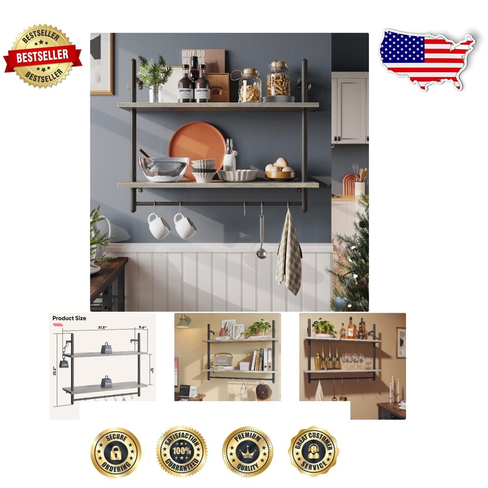 Sturdy Metal Pipe Shelf - 31 Inch Wall-Mounted for Kitchen and Living Room Decor