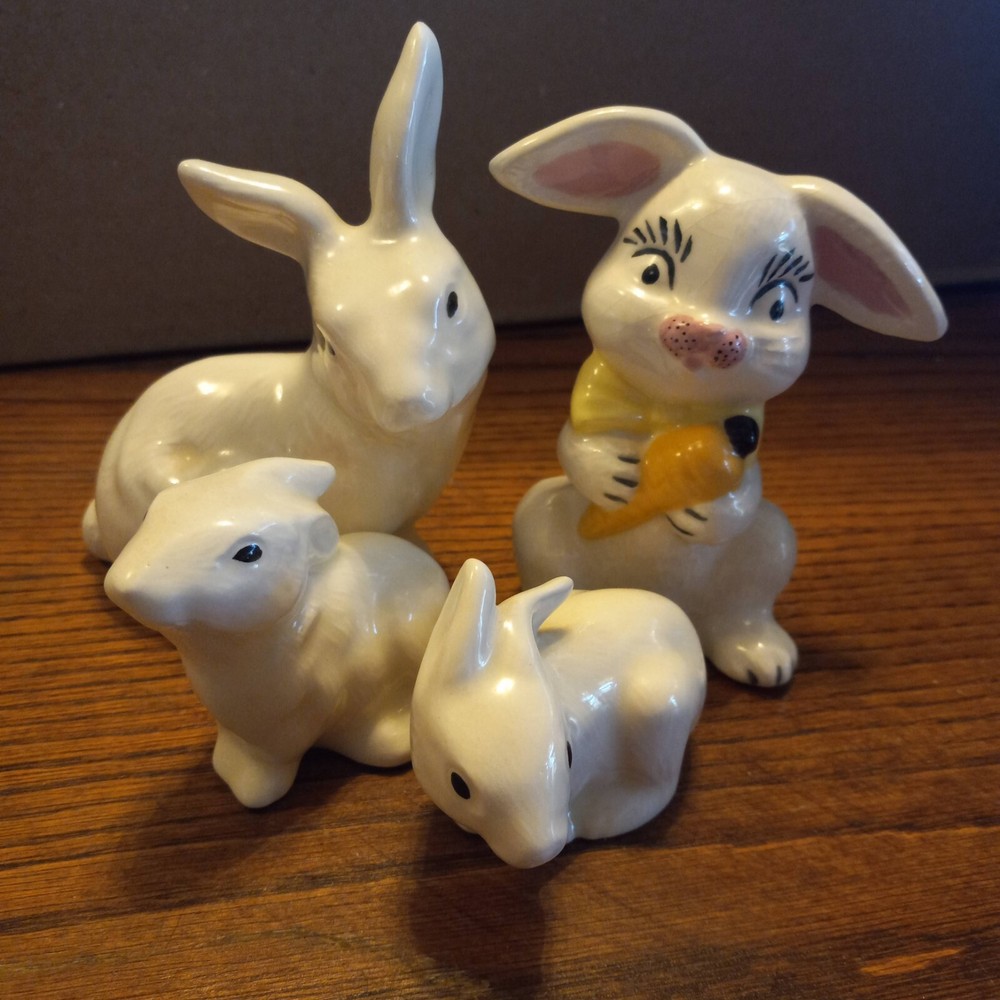 4 Ceramic Class Rabbits Bunnies Mother Children Funny Easter Figurines