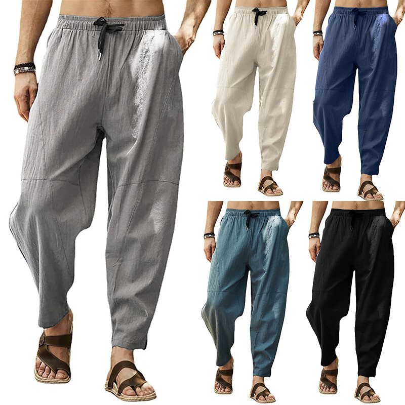 ❀Mens Casual Cotton Linen Baggy Trousers Wide Leg Elastic Waist Loose Harem Pant