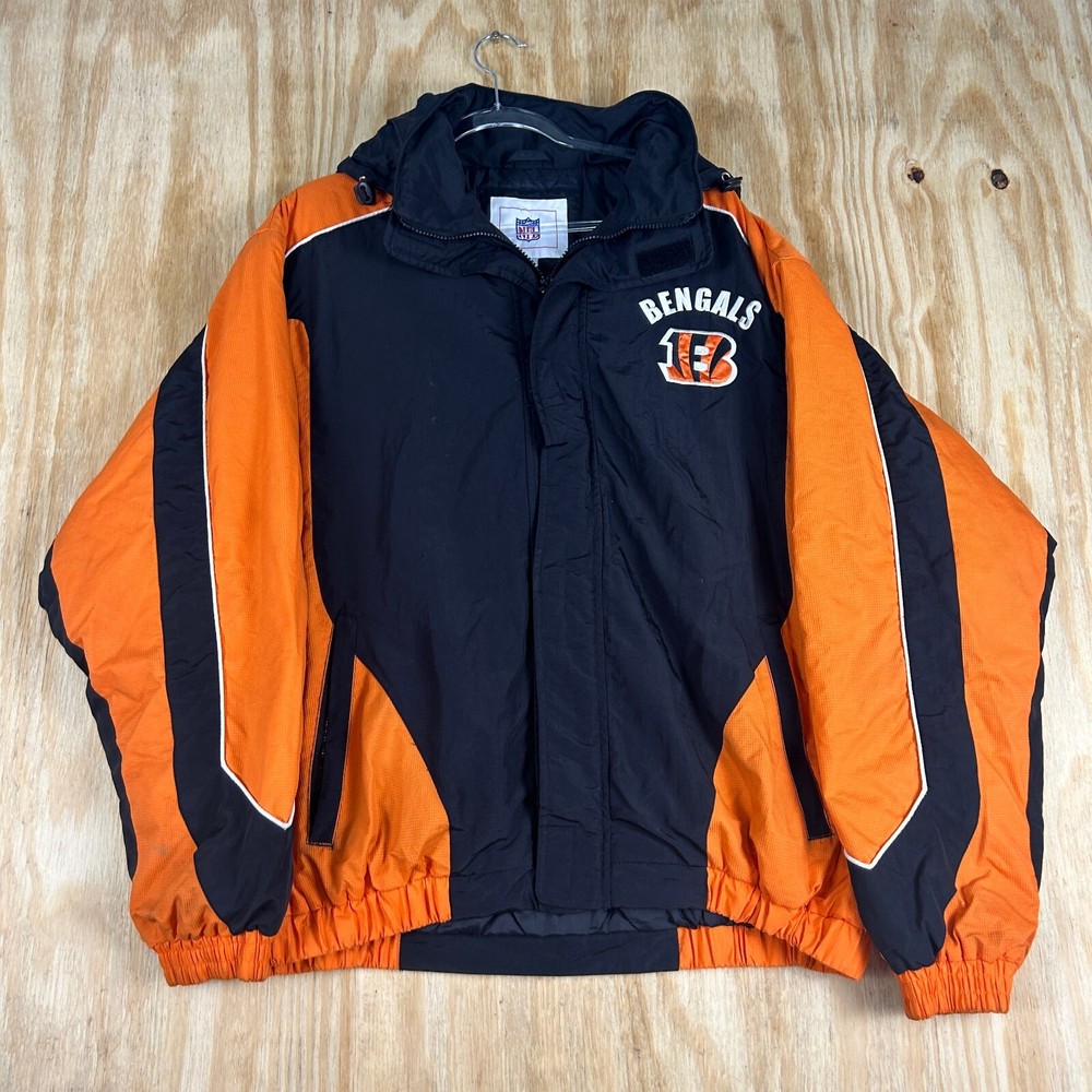 Y2K NFL Cincinnati Bengals Full Zip Puffer Hooded Jacket Men's XL Black Orange