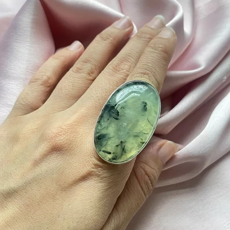Oval Prehnite Ring Handmade 925 Sterling Silver Band Gift