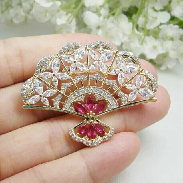 2.20Ct Marquise Red Ruby Simulated Fan Brooch Pin in 14k Yellow Gold Plating