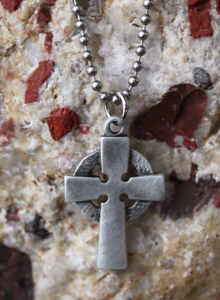Pewter Celtic Cross Necklace on stainless steel ball chain Religious Jewelry NEW