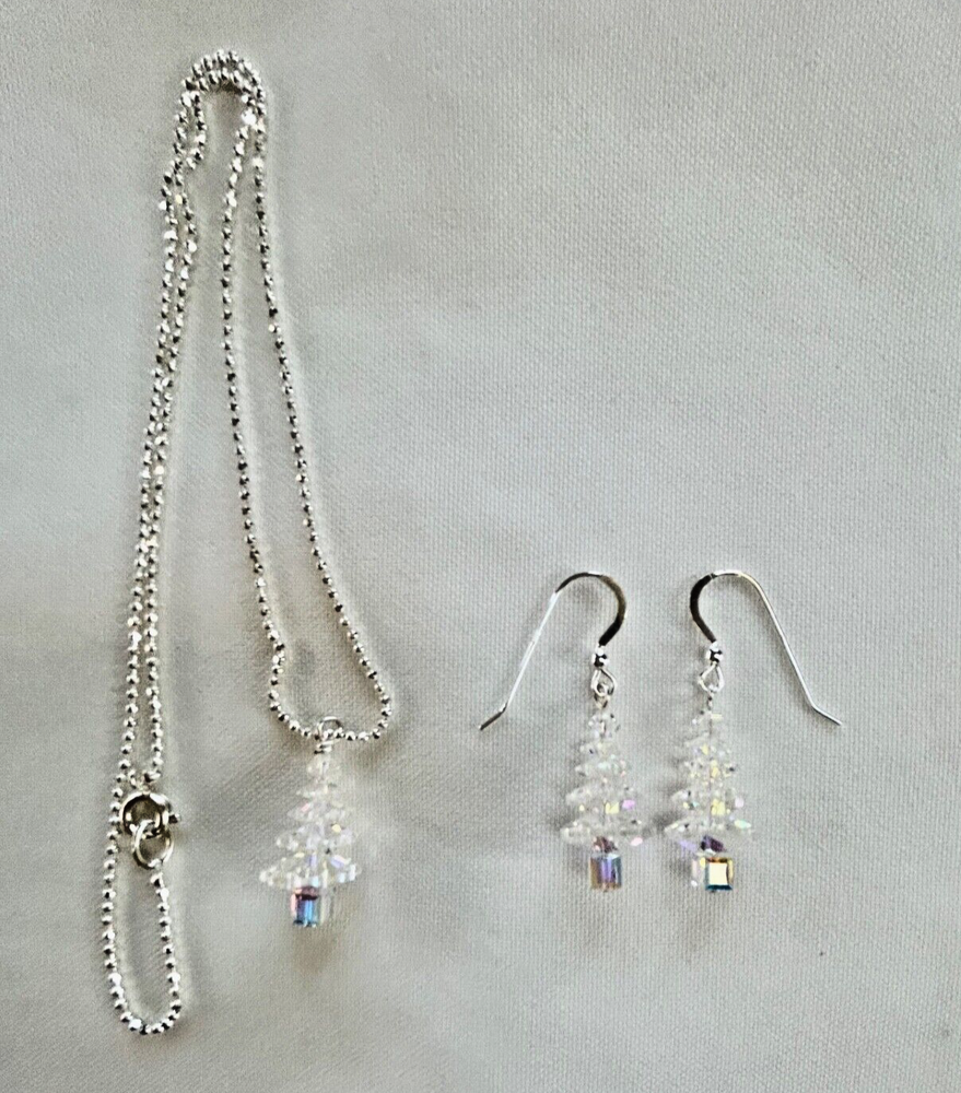 CHRISTMAS TREE EARRINGS & NECKLACE Set made with SWAROVSKI CRYSTAL AB, HANDMADE