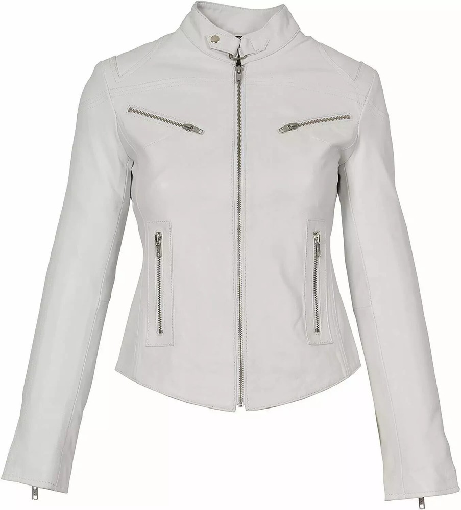 Women's White Real Leather Lambskin Motorcycle Biker Jacket western style Coat