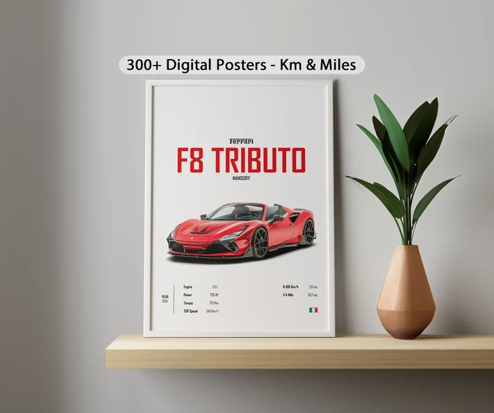 Digital poster Ferrari F8 Tributo Car poster Prints Wall Art for Kids Boys Room