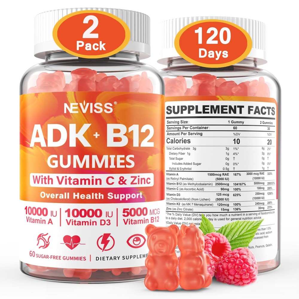 Sugar-Free ADK+Vitamin B12 Gummies - Vitamin D3 K2 10,000IU/ 5000IU, B12 5000...