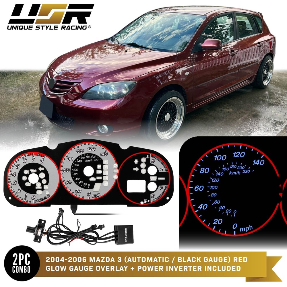 04-06 Mazda 3 Red Glow Gauge Silver Overlay Instrument Cluster